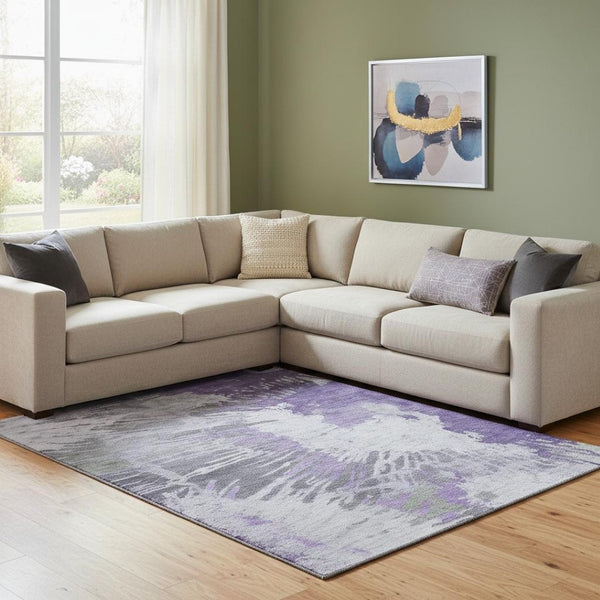 HomeRoots 10' X 14' Modern Purple Ivory Gray Abstract Area Rug - Washable, UV Protected, Durable & Stylish! 653638