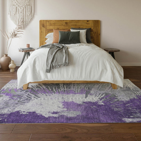 HomeRoots 10' X 14' Modern Purple Ivory Gray Abstract Area Rug - Washable, UV Protected, Durable & Stylish! 653638