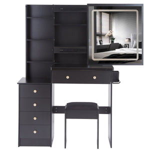 English Elm 37" Designer Vanity Set With Cushioned Stool, Touch Control Led Mirror, Usb Ports & Hair Dryer Stand W936P224320