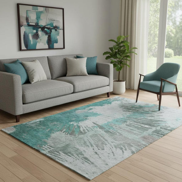 HomeRoots 5' X 8' Teal Ivory Gray Abstract Area Rug - Washable, UV Protected, Durable & Stylish for Any Space 653640