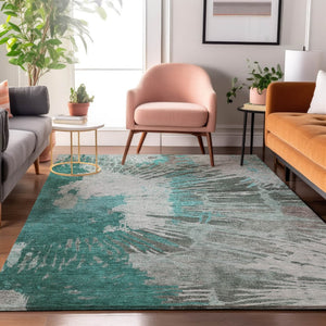 HomeRoots 5' X 8' Teal Ivory Gray Abstract Area Rug - Washable, UV Protected, Durable & Stylish for Any Space 653640