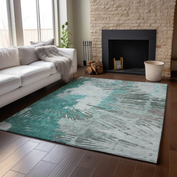HomeRoots 5' X 8' Teal Ivory Gray Abstract Area Rug - Washable, UV Protected, Durable & Stylish for Any Space 653640