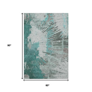 HomeRoots 5' X 8' Teal Ivory Gray Abstract Area Rug - Washable, UV Protected, Durable & Stylish for Any Space 653640
