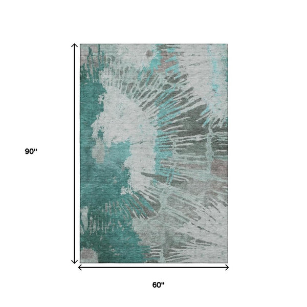 HomeRoots 5' X 8' Teal Ivory Gray Abstract Area Rug - Washable, UV Protected, Durable & Stylish for Any Space 653640