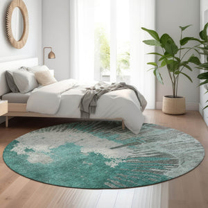 HomeRoots 8' Teal Ivory and Gray Abstract Washable Round Rug - Stylish, Durable, Pet-Friendly & UV Protected 653641