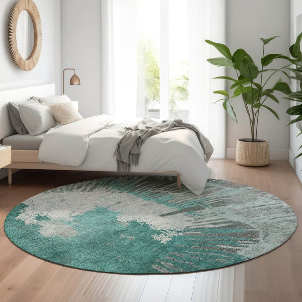 HomeRoots 8' Teal Ivory and Gray Abstract Washable Round Rug - Stylish, Durable, Pet-Friendly & UV Protected 653641