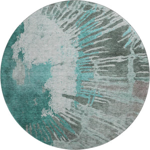 HomeRoots 8' Teal Ivory and Gray Abstract Washable Round Rug - Stylish, Durable, Pet-Friendly & UV Protected 653641