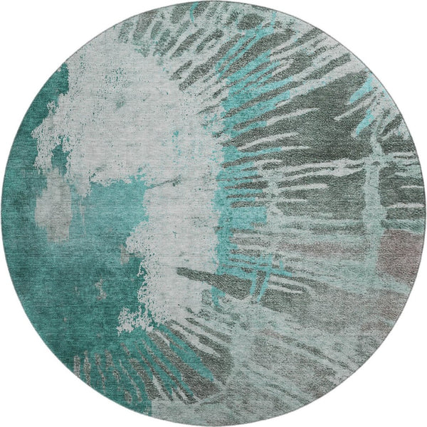 HomeRoots 8' Teal Ivory and Gray Abstract Washable Round Rug - Stylish, Durable, Pet-Friendly & UV Protected 653641