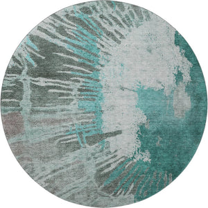 HomeRoots 8' Teal Ivory and Gray Abstract Washable Round Rug - Stylish, Durable, Pet-Friendly & UV Protected 653641