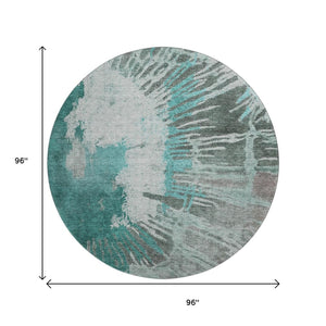 HomeRoots 8' Teal Ivory and Gray Abstract Washable Round Rug - Stylish, Durable, Pet-Friendly & UV Protected 653641