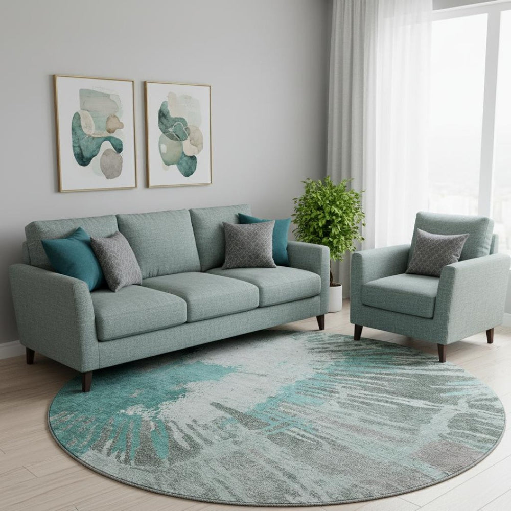 HomeRoots 8' Teal Ivory and Gray Abstract Washable Round Rug - Stylish, Durable, Pet-Friendly & UV Protected 653641