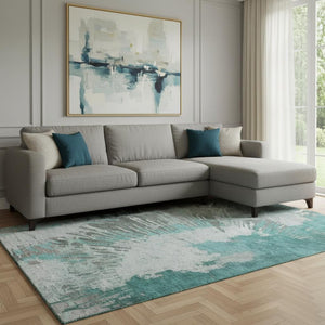 HomeRoots 8' X 10' Teal, Ivory & Gray Abstract Area Rug - Washable, UV Protected, Modern Design for Any Room 653642