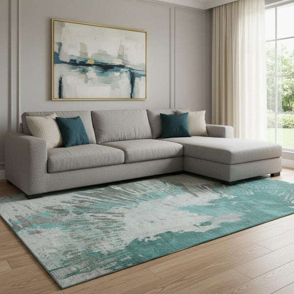 HomeRoots 9' X 12' Teal Ivory Gray Abstract Area Rug - Durable, Washable, UV Protected for Modern Homes 653643