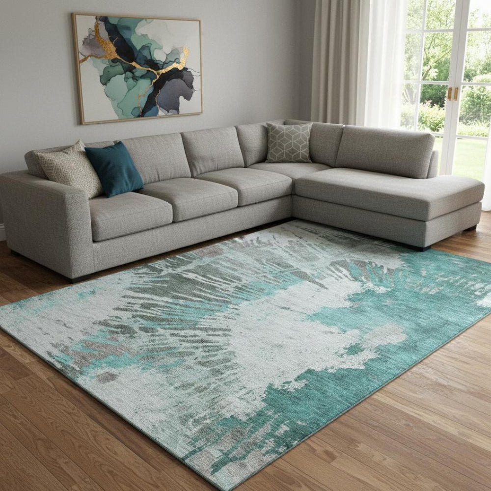 HomeRoots 10' X 14' Teal, Ivory & Gray Abstract Area Rug – Washable, UV-Protected, Family-Friendly Design 653644