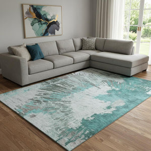 HomeRoots 10' X 14' Teal, Ivory & Gray Abstract Area Rug – Washable, UV-Protected, Family-Friendly Design 653644