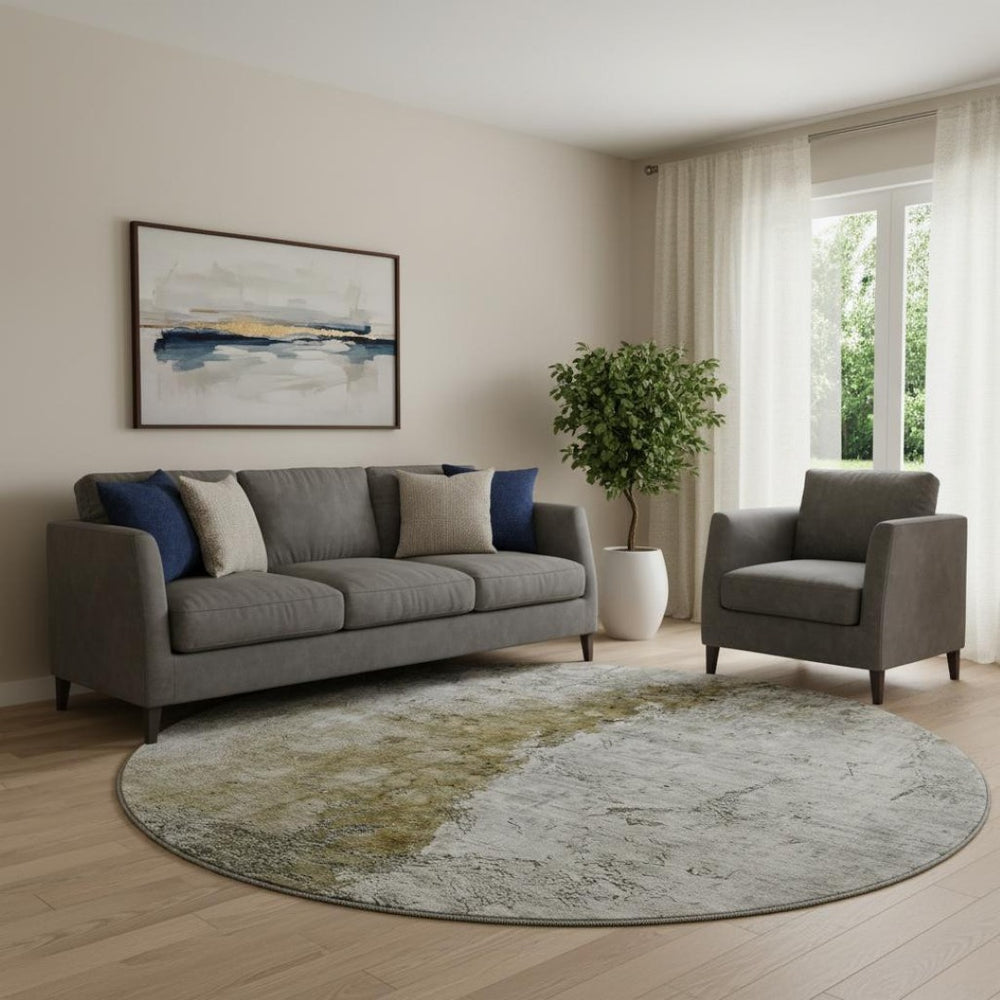 HomeRoots 8' Abstract Washable Round Rug in Brown, Ivory & Gray – Durable, UV-Protected, Ideal for Homes 653647