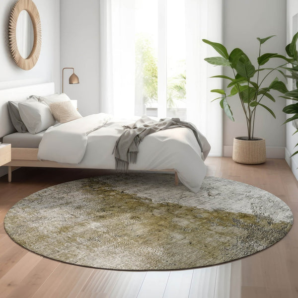 HomeRoots 8' Abstract Washable Round Rug in Brown, Ivory & Gray – Durable, UV-Protected, Ideal for Homes 653647