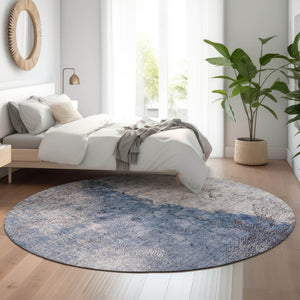 HomeRoots 8' Blue Ivory and Gray Abstract Round Rug - Washable, UV Protected, Durable for Homes with Kids & Pets 653653