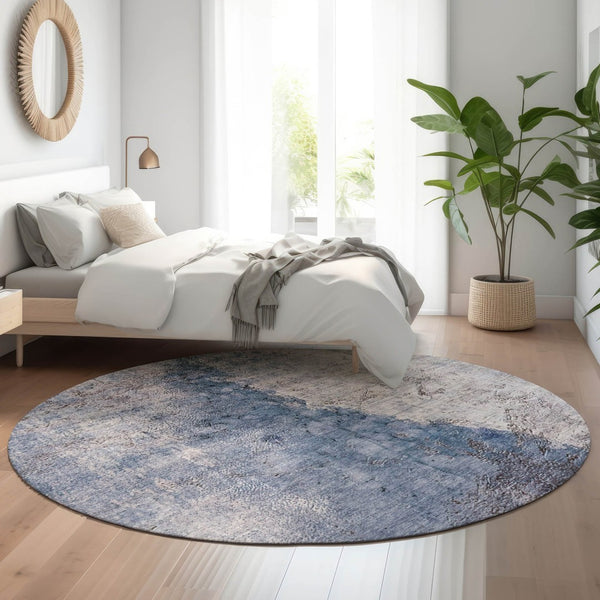 HomeRoots 8' Blue Ivory and Gray Abstract Round Rug - Washable, UV Protected, Durable for Homes with Kids & Pets 653653