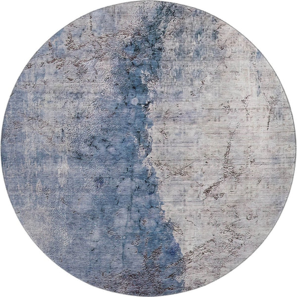 HomeRoots 8' Blue Ivory and Gray Abstract Round Rug - Washable, UV Protected, Durable for Homes with Kids & Pets 653653