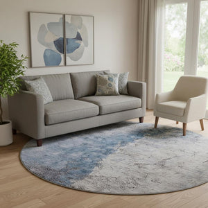 HomeRoots 8' Blue Ivory and Gray Abstract Round Rug - Washable, UV Protected, Durable for Homes with Kids & Pets 653653