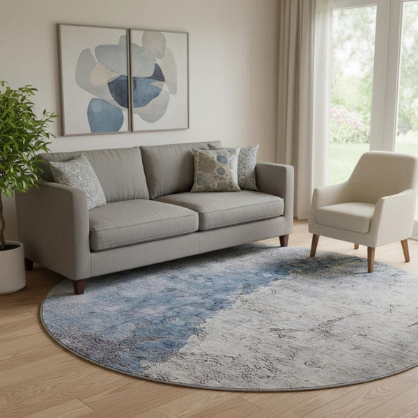 HomeRoots 8' Blue Ivory and Gray Abstract Round Rug - Washable, UV Protected, Durable for Homes with Kids & Pets 653653