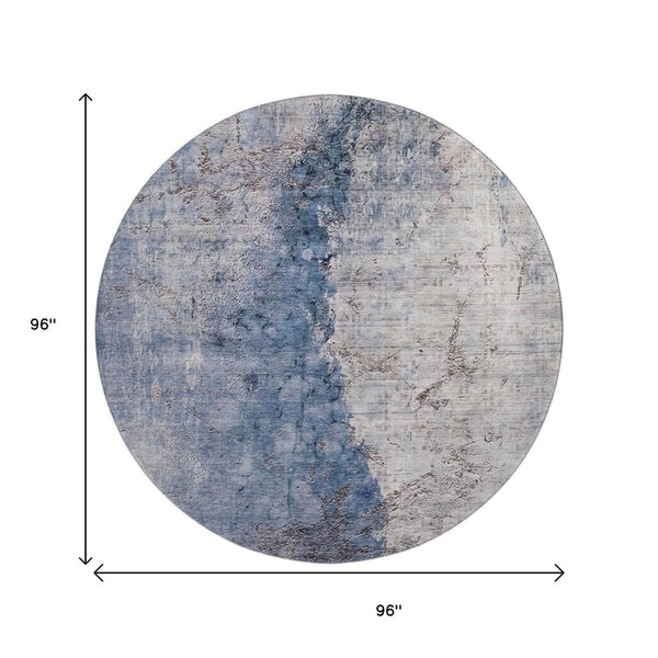 HomeRoots 8' Blue Ivory and Gray Abstract Round Rug - Washable, UV Protected, Durable for Homes with Kids & Pets 653653