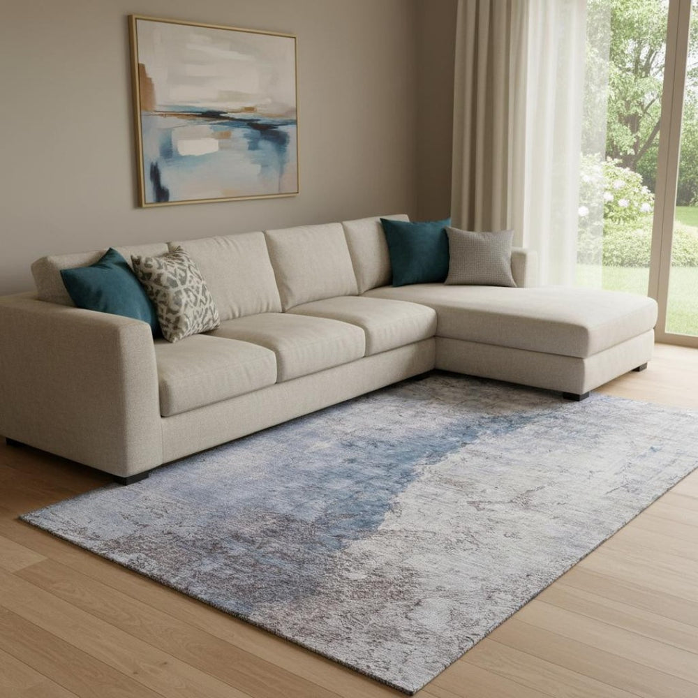 HomeRoots 8' X 10' Stylish Blue Ivory Gray Abstract Washable Area Rug with UV Protection for Modern Homes 653654