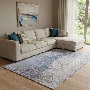 HomeRoots 8' X 10' Stylish Blue Ivory Gray Abstract Washable Area Rug with UV Protection for Modern Homes 653654