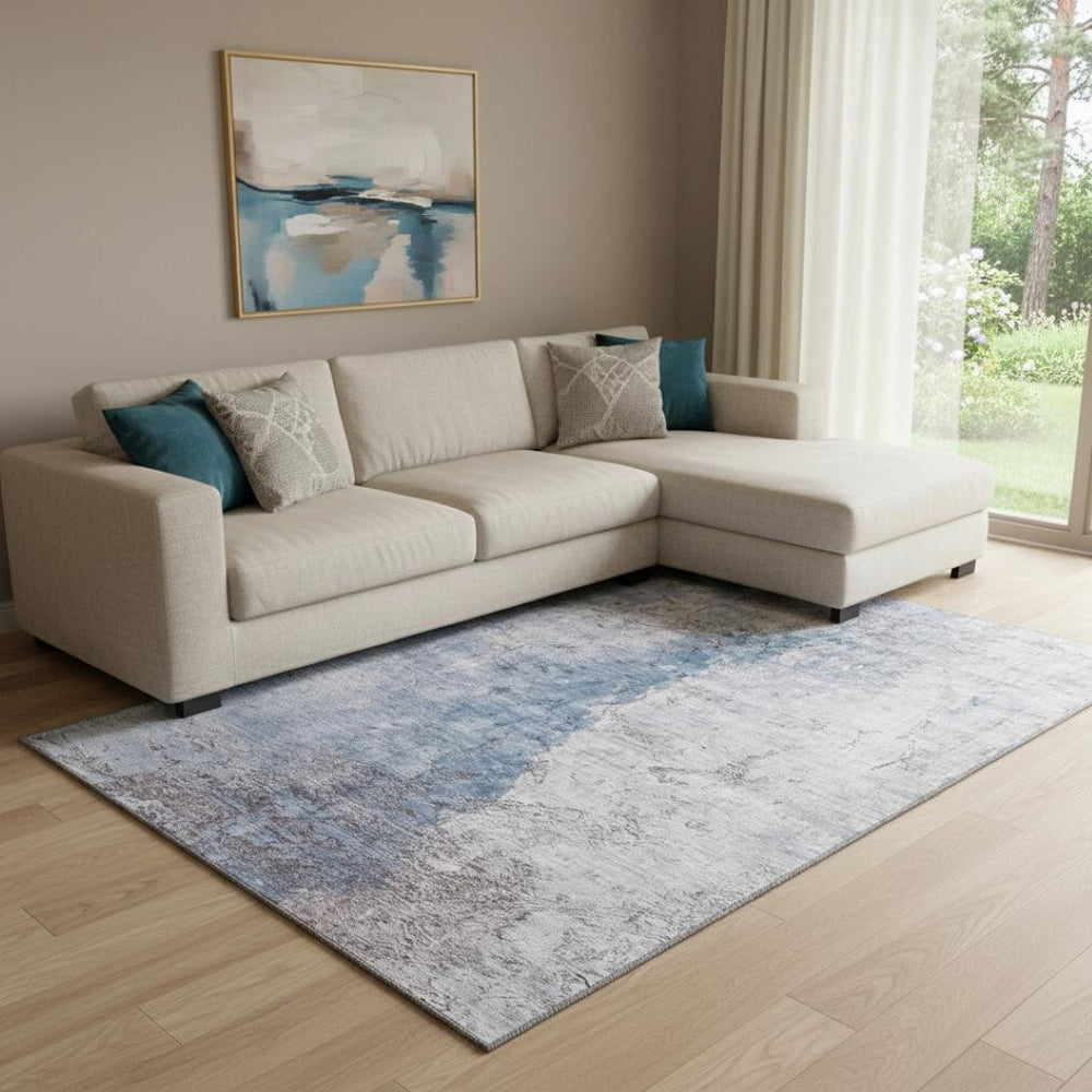 HomeRoots 9' X 12' Abstract Washable Area Rug in Blue, Ivory & Gray - UV Protected, Stain-Resistant Design! 653655