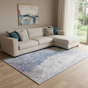 HomeRoots 9' X 12' Abstract Washable Area Rug in Blue, Ivory & Gray - UV Protected, Stain-Resistant Design! 653655