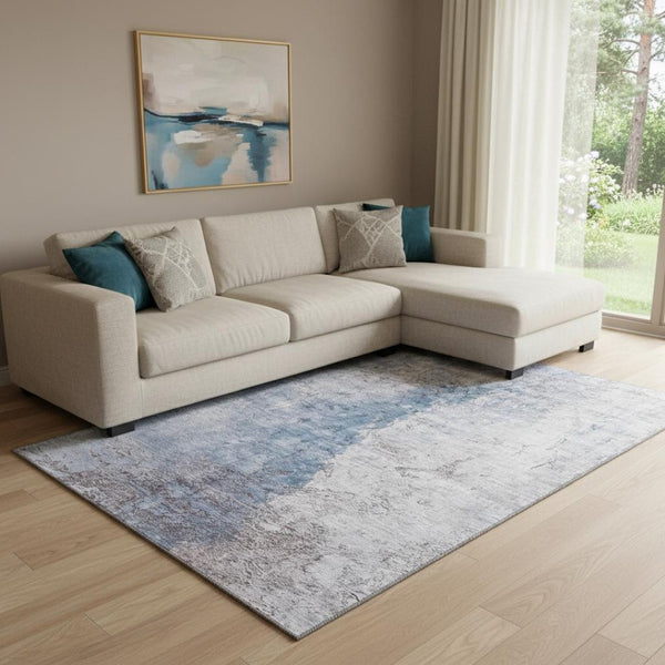 HomeRoots 9' X 12' Abstract Washable Area Rug in Blue, Ivory & Gray - UV Protected, Stain-Resistant Design! 653655