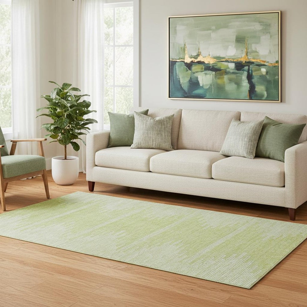 HomeRoots 5' X 8' Artichoke Green And Ivory Abstract Area Rug – Washable, UV Protected, Stain Resistant Design 653661