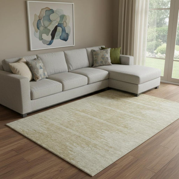 HomeRoots 10' X 14' Beige and Ivory Abstract Area Rug - Washable, UV-Protected, Stain-Resistant for Modern Homes 653671