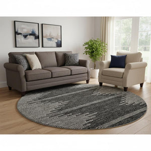 HomeRoots 8' Charcoal and Ivory Round Rug - Modern Abstract Design, Washable, Durable, UV Protected for Families 653674