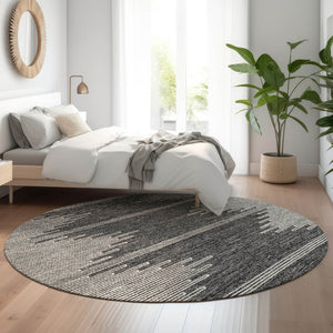 HomeRoots 8' Charcoal and Ivory Round Rug - Modern Abstract Design, Washable, Durable, UV Protected for Families 653674