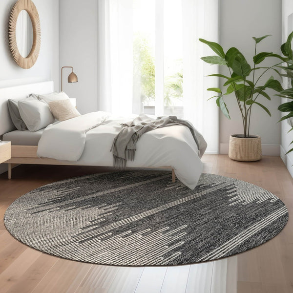 HomeRoots 8' Charcoal and Ivory Round Rug - Modern Abstract Design, Washable, Durable, UV Protected for Families 653674