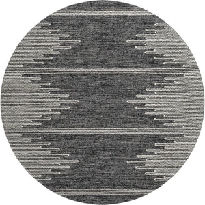 HomeRoots 8' Charcoal and Ivory Round Rug - Modern Abstract Design, Washable, Durable, UV Protected for Families 653674
