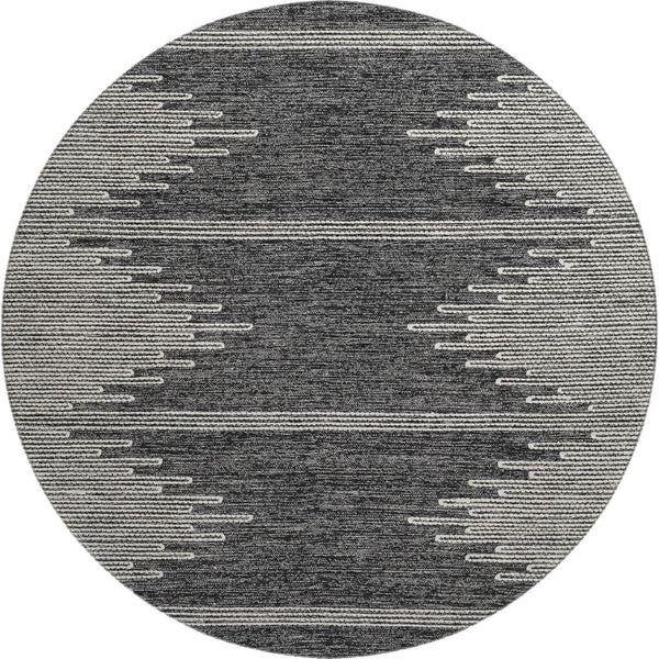 HomeRoots 8' Charcoal and Ivory Round Rug - Modern Abstract Design, Washable, Durable, UV Protected for Families 653674
