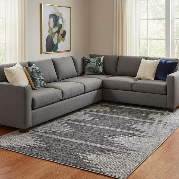 HomeRoots 9' X 12' Charcoal & Ivory Abstract Area Rug - Washable, UV-Protected, Perfect for High-Traffic Spaces 653676
