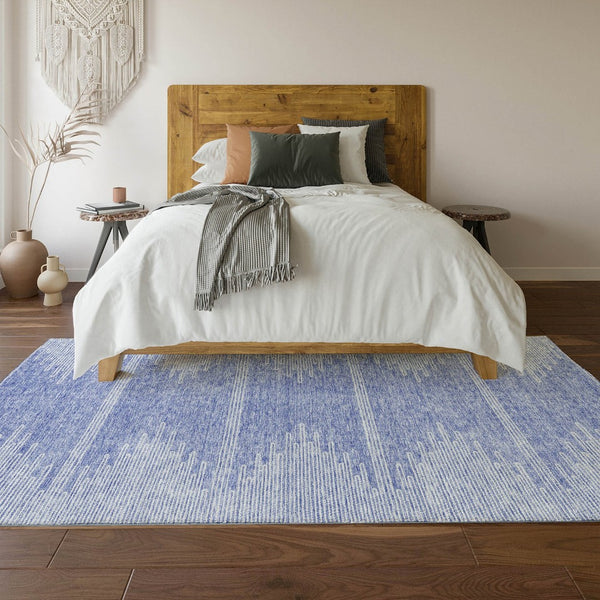 HomeRoots 5' X 8' Denim Blue & Ivory Abstract Area Rug - Washable, UV-Protected, Durable, Stylish Design 653685