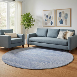 HomeRoots 8' Stylish Denim Blue & Ivory Abstract Washable Round Rug with UV Protection for Modern Spaces 653686