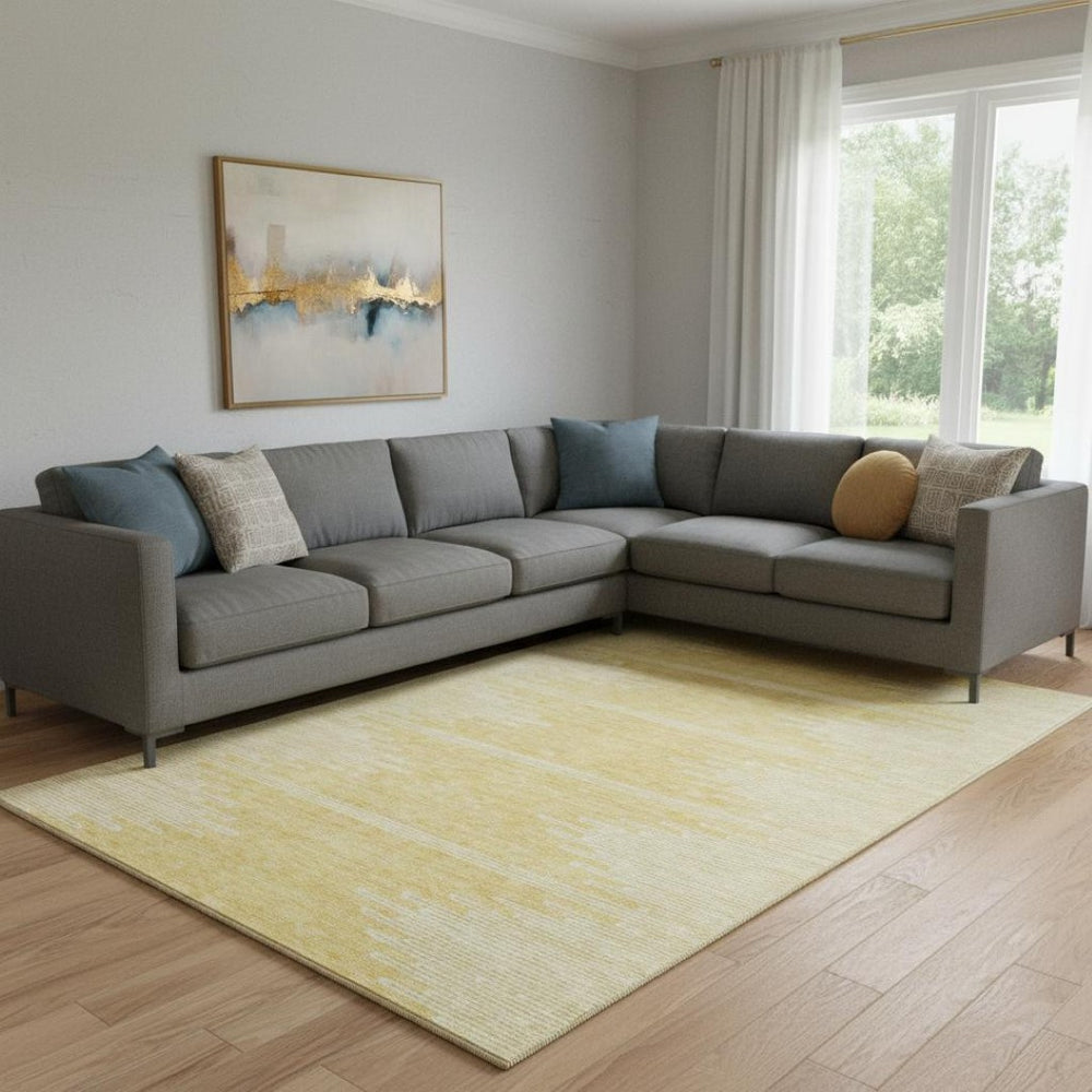 HomeRoots 9' X 12' Gold and Ivory Abstract Area Rug - Washable, UV Resistant, Perfect for Families & Pets! 653694