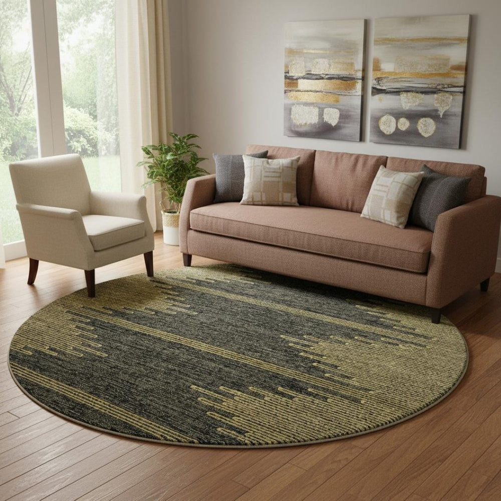 HomeRoots 8' Graphite and Gold Abstract Round Rug - Washable, UV-Protected, Stylish & Durable for Any Space 653698