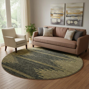 HomeRoots 8' Graphite and Gold Abstract Round Rug - Washable, UV-Protected, Stylish & Durable for Any Space 653698