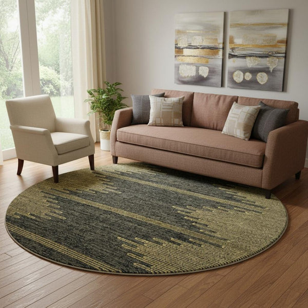 HomeRoots 8' Graphite and Gold Abstract Round Rug - Washable, UV-Protected, Stylish & Durable for Any Space 653698