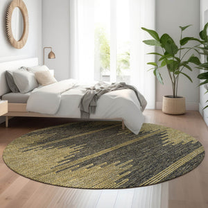 HomeRoots 8' Graphite and Gold Abstract Round Rug - Washable, UV-Protected, Stylish & Durable for Any Space 653698