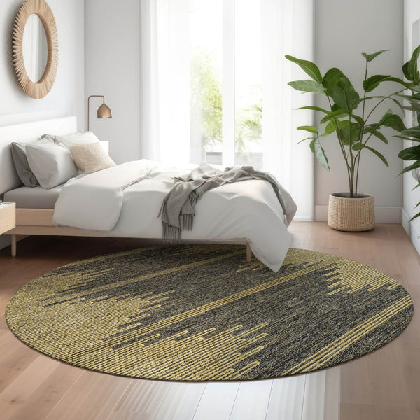 HomeRoots 8' Graphite and Gold Abstract Round Rug - Washable, UV-Protected, Stylish & Durable for Any Space 653698