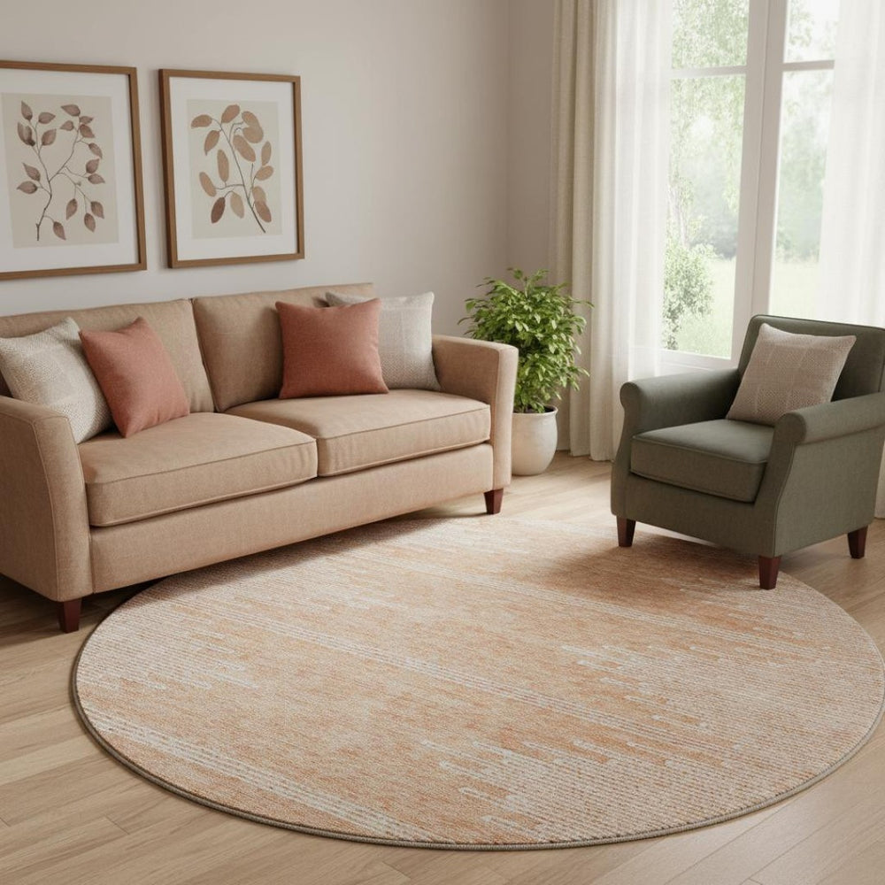 HomeRoots 8' Salmon and Ivory Round Rug - Stylish Abstract Design, Washable, UV Protected, Perfect for Any Space! 653716