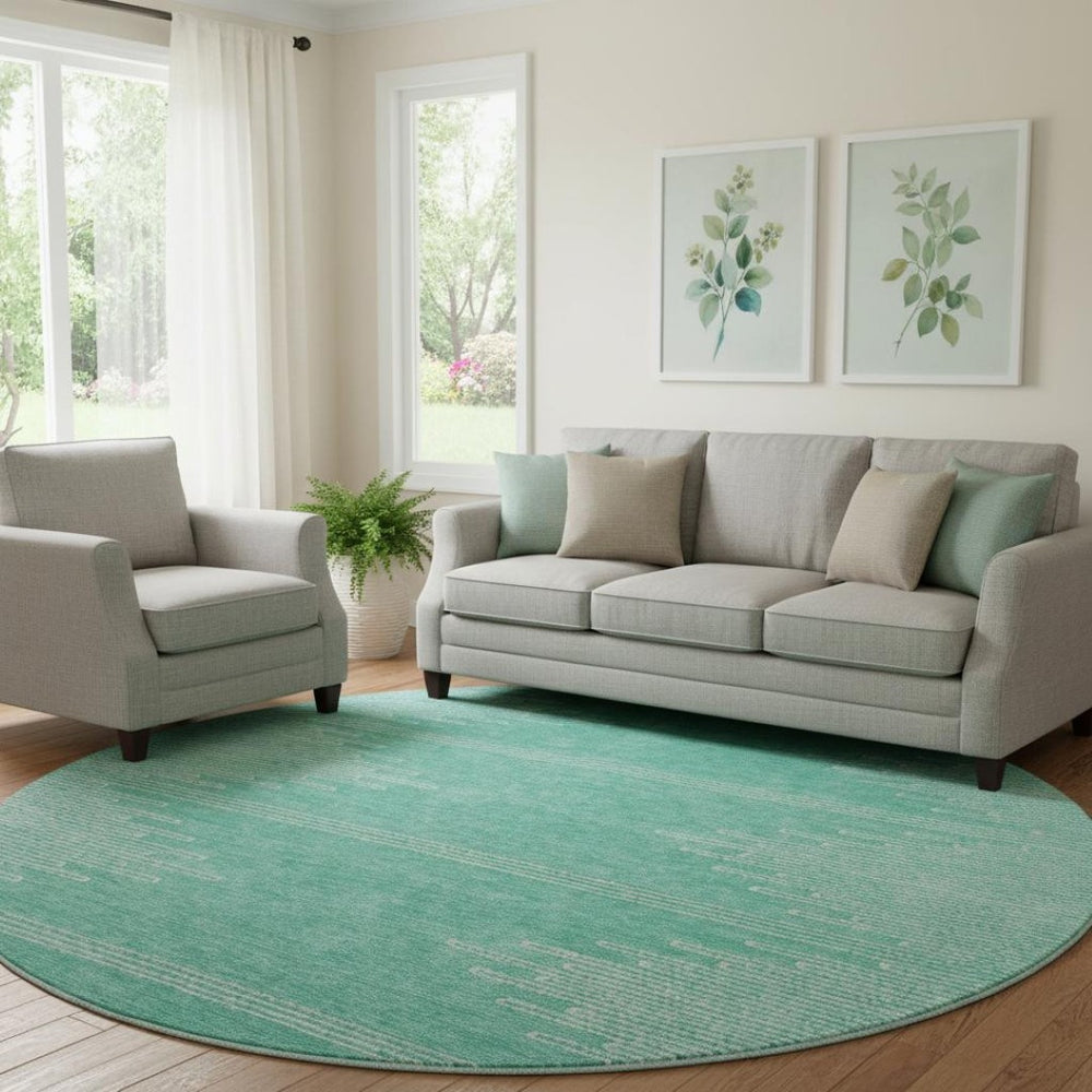 HomeRoots 8' Teal and Ivory Abstract Round Rug - Washable, UV Protected, Ideal for Busy Homes & Modern Spaces 653722